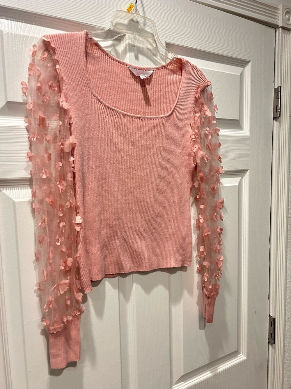 No Boundaries Pink Ribbed Top Sheer Floral Petal Sleeves Romantic Cottagecore - Picture 3 of 7